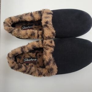 Skechers Black Slippers with Tan Faux Fur